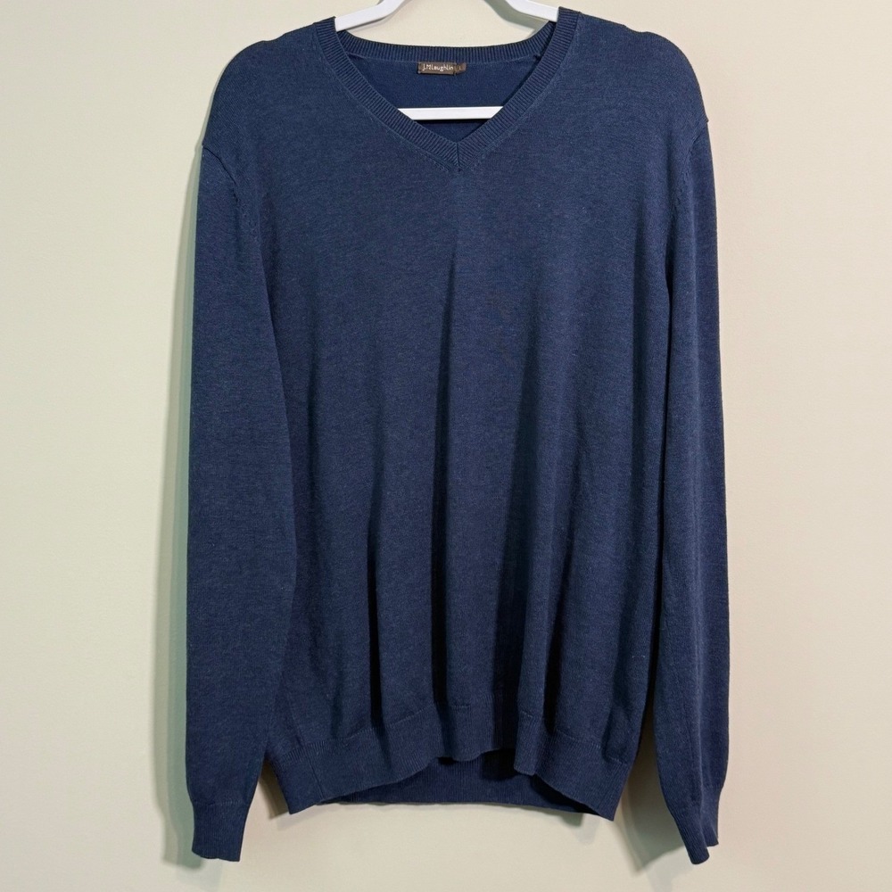 J.McLaughlin V-Neck Sweater Mens Large Blue Cotton Modal Knit Pullover Old Money